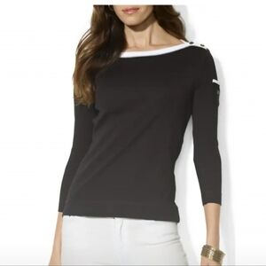 Lauren Ralph Lauren Black Boatneck Button-Shoulder Top M